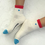 LeBon Embroidered Colour Block Girlfriend Socks - Blue, Red & Heart